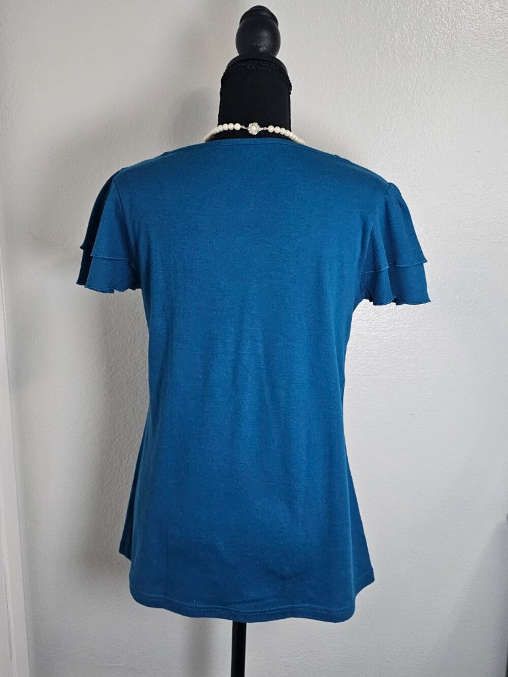 Crystal Kobe Blue Square Neck Lace Beaded Flutter Sleeve Knit Top - Size Small - Picture 3 of 7